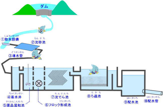 ダムから配水管までの浄水場のしくみの図
